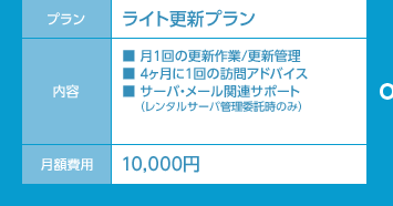 ライト更新プラン｜■月１回の更新作業/更新管理■4ヶ月に１回の訪問アドバイス■サーバ・メール関連サポート（レンタルサーバ管理委託時のみ）｜月額費用10,000円