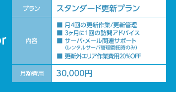 スタンダード更新プラン｜■月4回の更新作業/更新管理■3ヶ月に１回の訪問アドバイス■サーバ・メール関連サポート（レンタルサーバ管理委託時のみ）■更新外エリア作業費用20%OFF｜月額費用30,000円