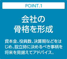 POINT.1:会社の骨格を形成｜資本金、役員数、決算期などをはじめ、設立時に決めるべき事柄を将来を見据えてアドバイス。